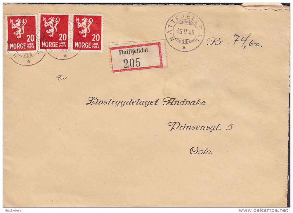 Norway Registered Recommandé Einschreiben Label HATTFJELLDAL 1945 Cover Brief LIVSTRYGDELAGET ANDVAKE, OSLO Postoblat - Covers & Documents