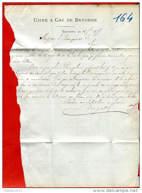 Usine à Gaz De BAYONNE 64 Pyrénées-1875-Eclairage-Energie-Timbre Ceres-Oblitération-3 Scans - 1800 – 1899