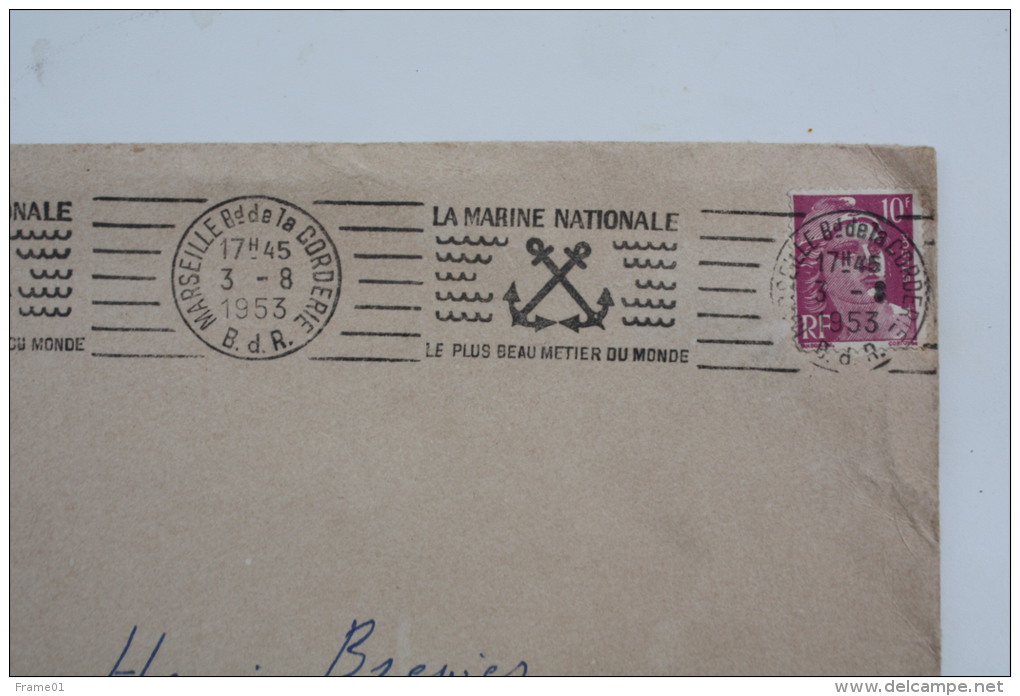 Enveloppe 1953 Marseille Bd De La Corderie --&gt; Paris, Affr. 10f Marianne Gandon YT 811 OMEC RBV Marine Nationale - Briefe U. Dokumente