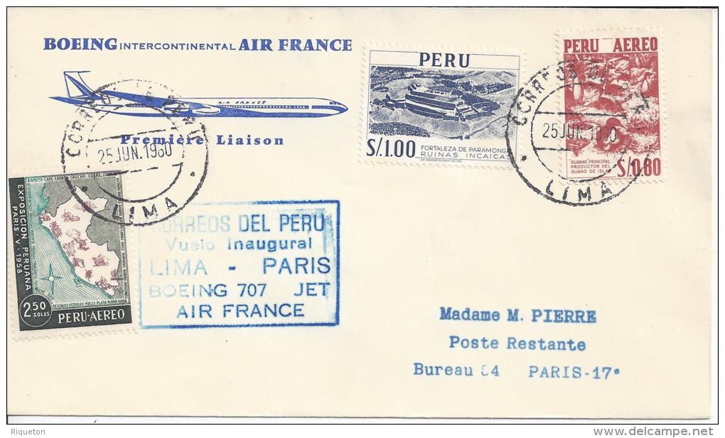 PEROU - 1960 -  PREMIERE LIAISON INAUGURALE LIMA-PARIS , PAR BOEING 707 , AIR FRANCE - - Peru