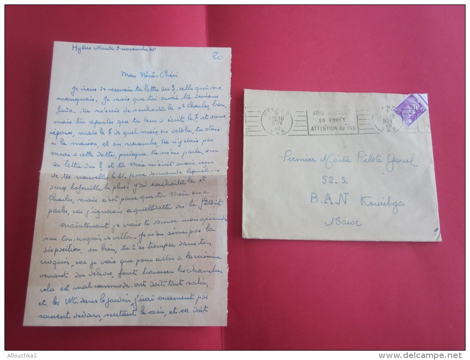 1948 Lettre D´Amour "enflammée "de Hyéres >1er Maître Pilote Gouel Base Aérienne Navale  B.A.N  KOUIBGA (Maroc)OMEC RBV - Lettres & Documents