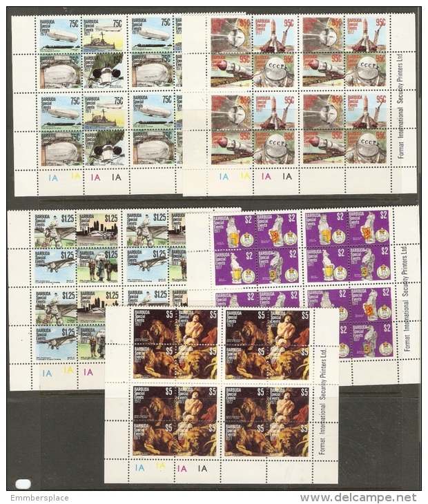 BARBUDA - 1977 SPECIAL EVENTS BLOCKS OF 4 SETS MNH** (CORNER BLOCKS)  SG 363-382 Sc 318-322 - Barbuda (...-1981)