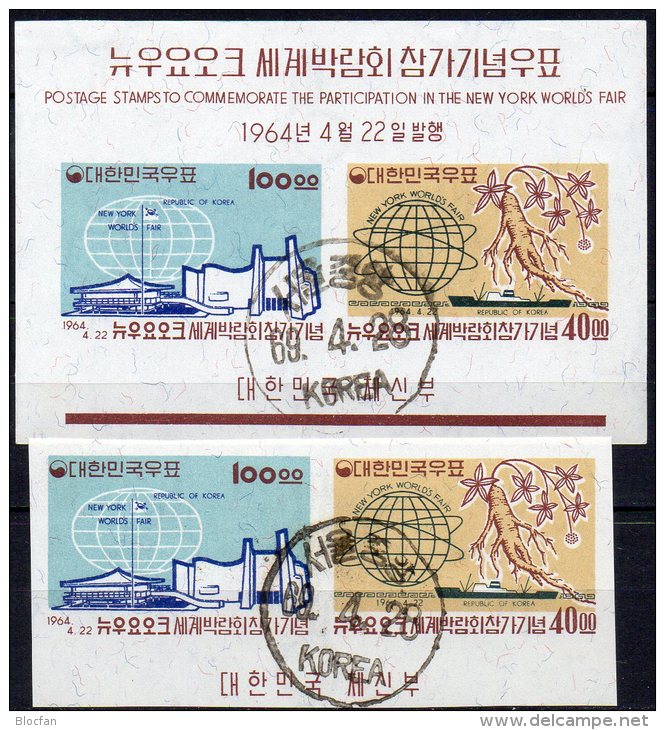 Giseng-Wurzel EXPO New York 1964 Korea 420/1 B+ Block 185 O 180€ Erdkugel Pavillon Bf M/s Ship Bloc Sheet Of South-Corea - 1967 – Montréal (Canada)