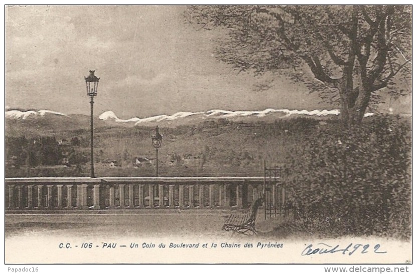 64 - Pau - Un Coin Du Boulevard Et La  Chaîne Des Pyrénées - C. C. N° 106 (1922) - Pau