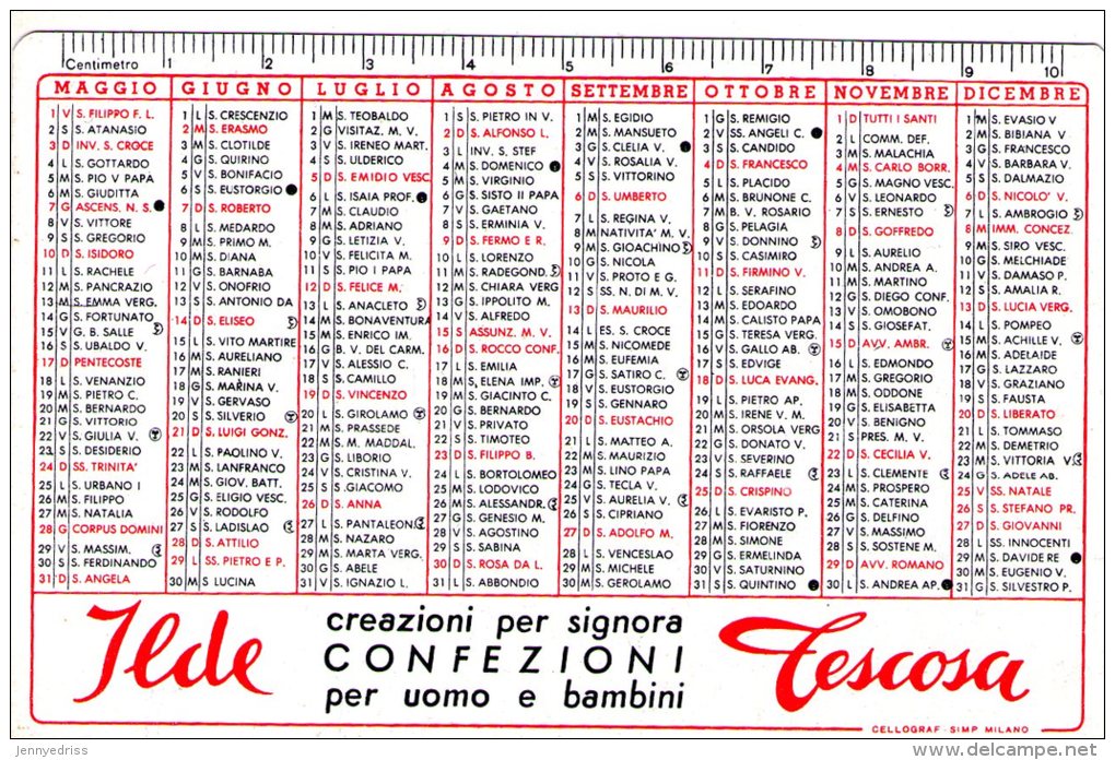 Calendarietto  1959  TESCOSA  ;  Milano  , Confezioni Abbigliamento - Petit Format : 1941-60