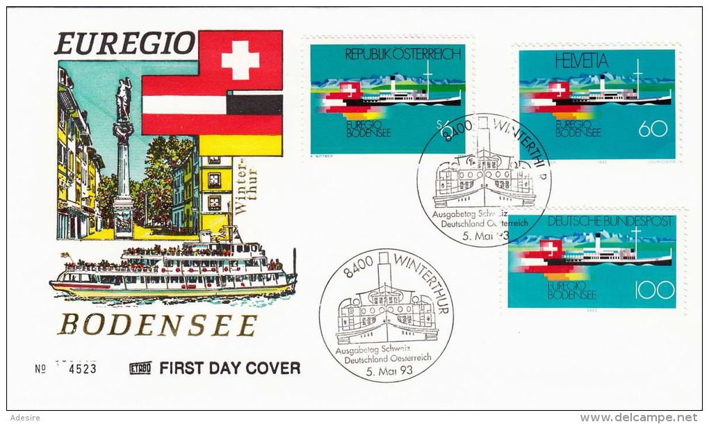 Schweiz/Deutschland/Österreich 1993, Euregio Bodensee Erstag-Brief (Cover) 3 Fach Frankiert, Sonderstempel Winterthur - Schiffe