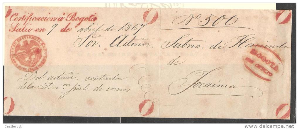 O) 1867 COLOMBIA, OFFICIAL MAIL AND REGD, STAMPLESS FOLDED COVER FRONT FROM THE POSTMASTER GENERAL CACHET AND OVAL BOGOT - Colombie