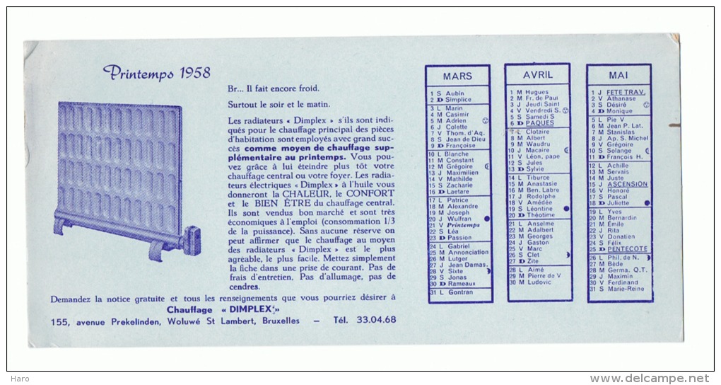 Buvard - Chauffage "Dimplex" - Bruxelles 1958 Avec Calendrier, 3 Mois (sf73) - C