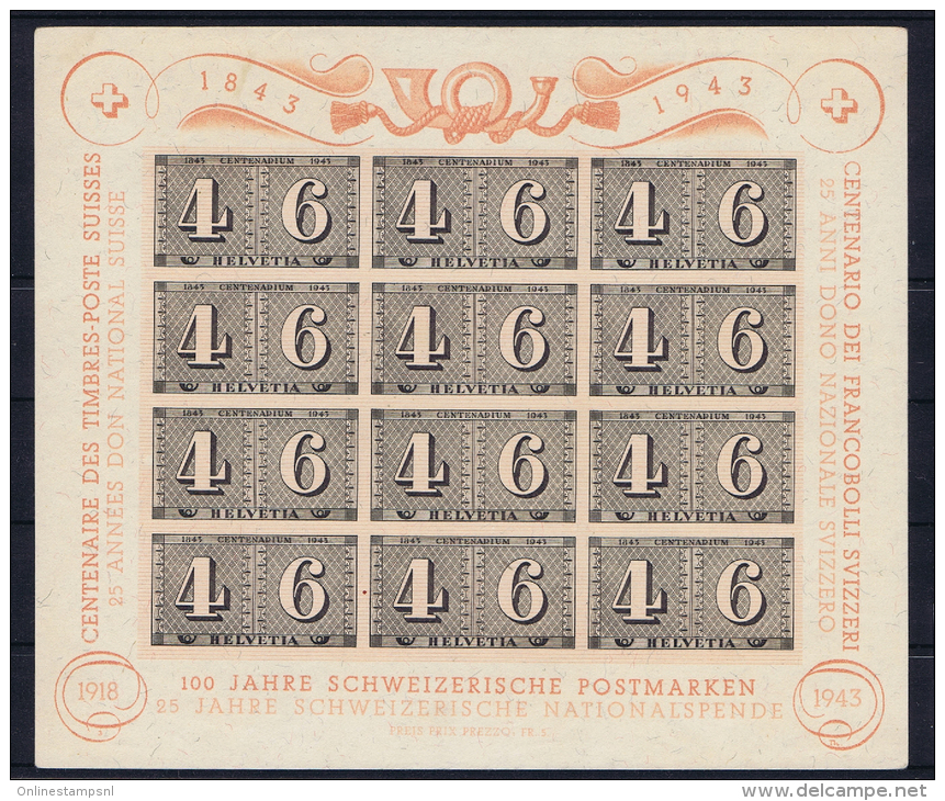 Switserland/Schweiz:  1943 Mi Block 9  100 Jahre Schweizerische Postmarken Not Used (*) - Blocks & Kleinbögen