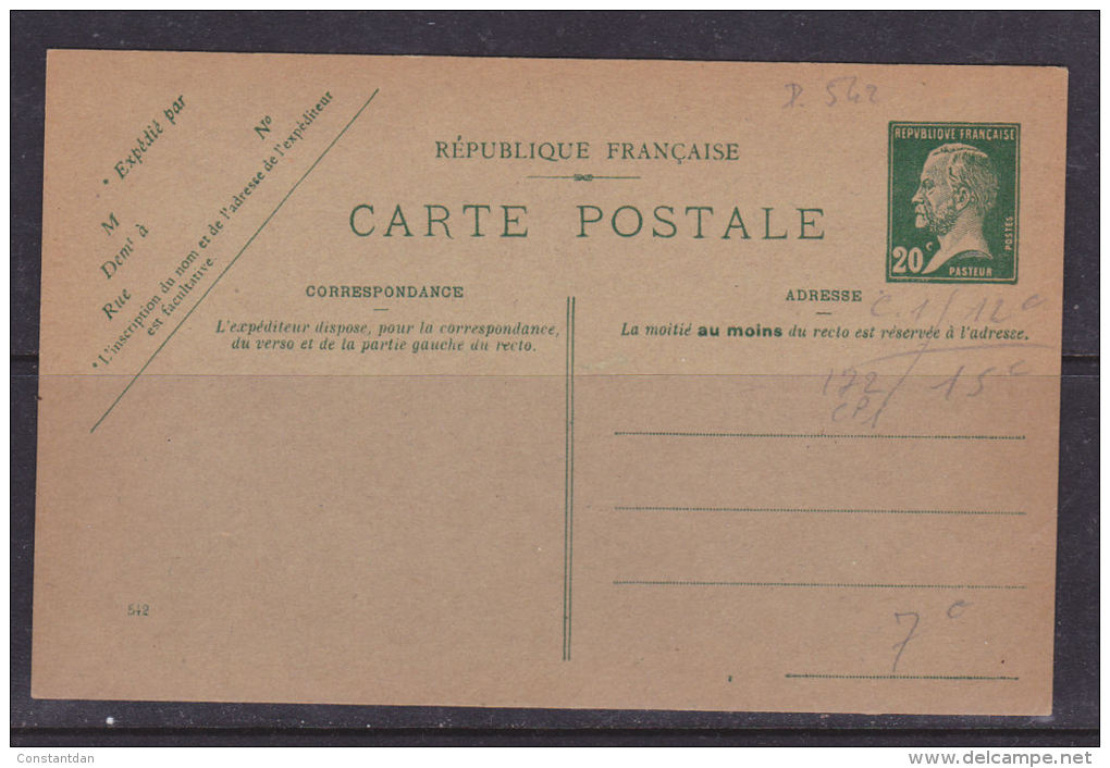 FRANCE ENTIER CARTE POSTALE 20C VERT TYPE PASTEUR NEUF TRES BEAU - Cartes Postales Types Et TSC (avant 1995)