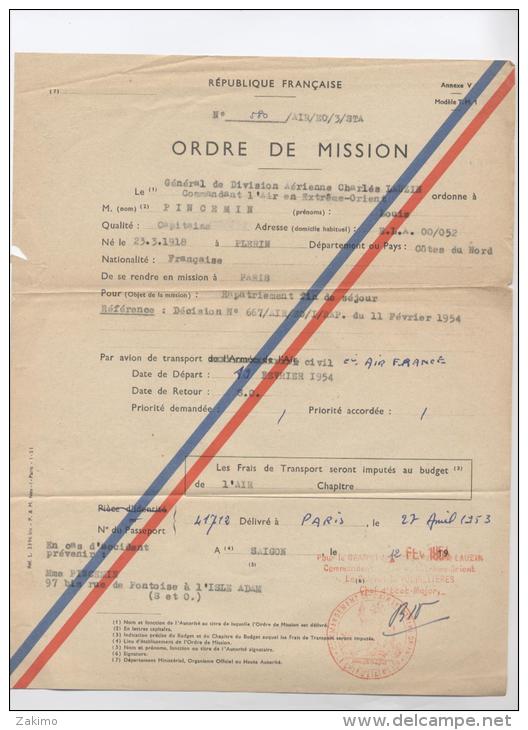 ORDRE DE MISSION Du  Générale Charles LAUZIN De La Divison Aérienne ( Fin De La Guerre Indochine ) -papier1 - Aviation