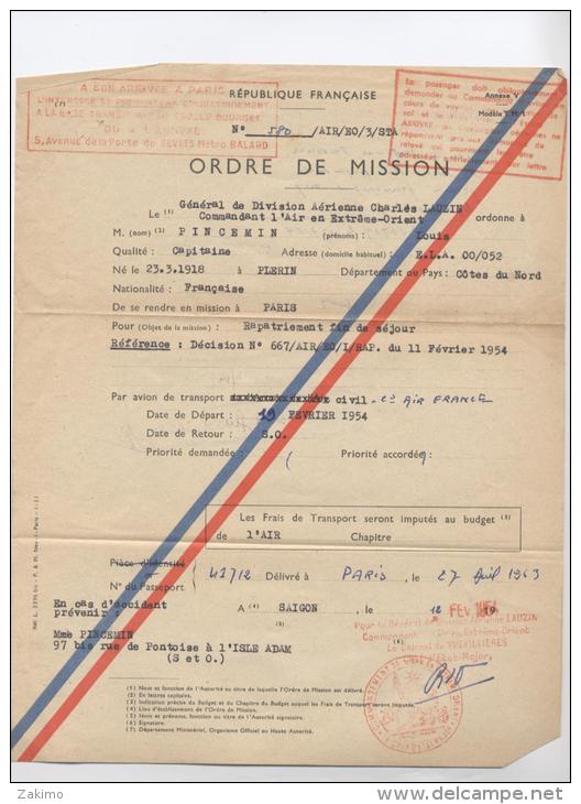 ORDRE DE MISSION Du  Générale Charles LAUZIN De La Divison Aérienne ( Fin De La Guerre Indochine ) -papier1 - Aviation