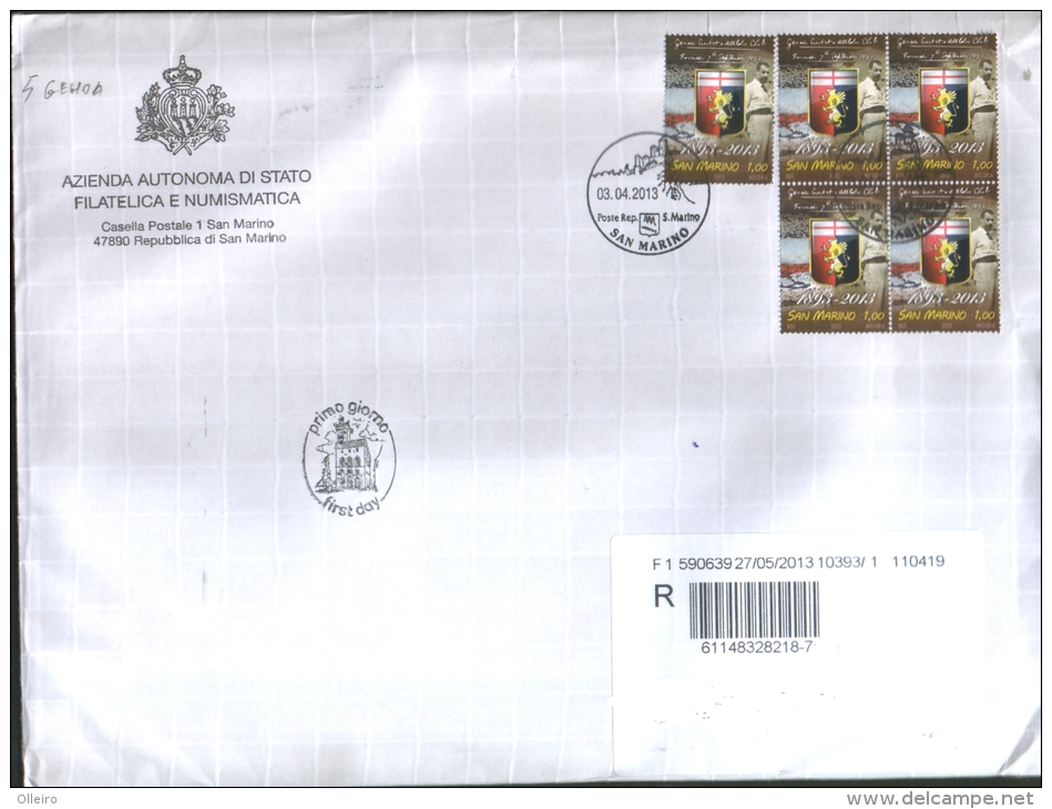 San Marino 2013 Busta FDC Con Emissione 120° Genoa Cricket And Football Club VFU - Gebraucht