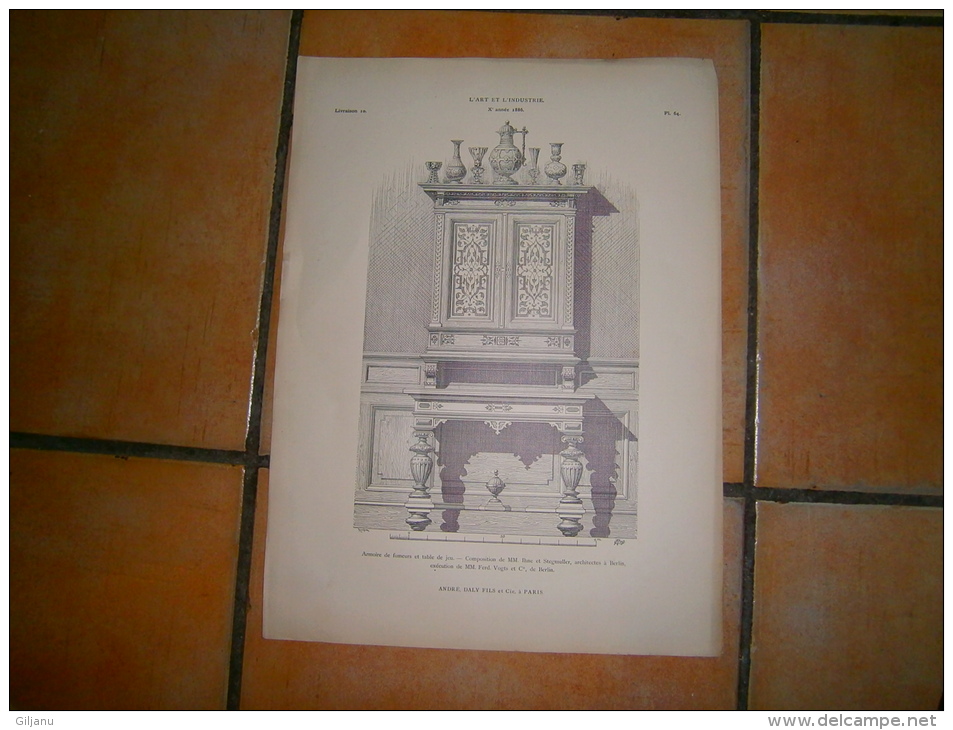 PLANCHE L ART ET L INDUSTRIE  ARMOIRE DE FUMEURS ET TABLE DE JEU  ANNEE 1886 - Andere Pläne