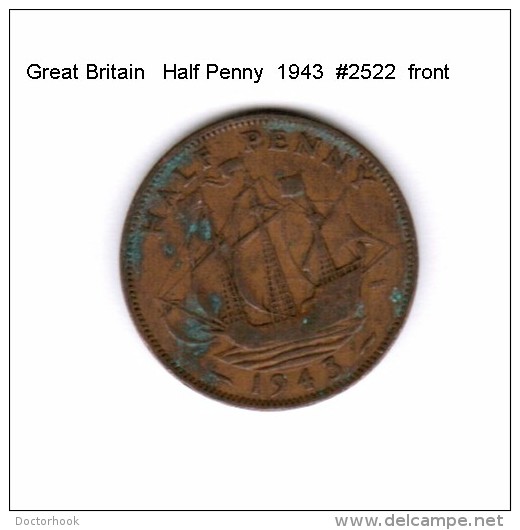 GREAT BRITAIN    1/2  PENNY  1943  (KM # 844) - C. 1/2 Penny