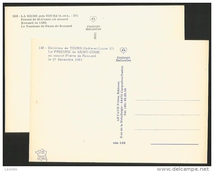 LA RICHE TOURS Le Prieure De Saint-Come Pierre De Ronsard Indre Et Loire 2 Cartes - La Riche