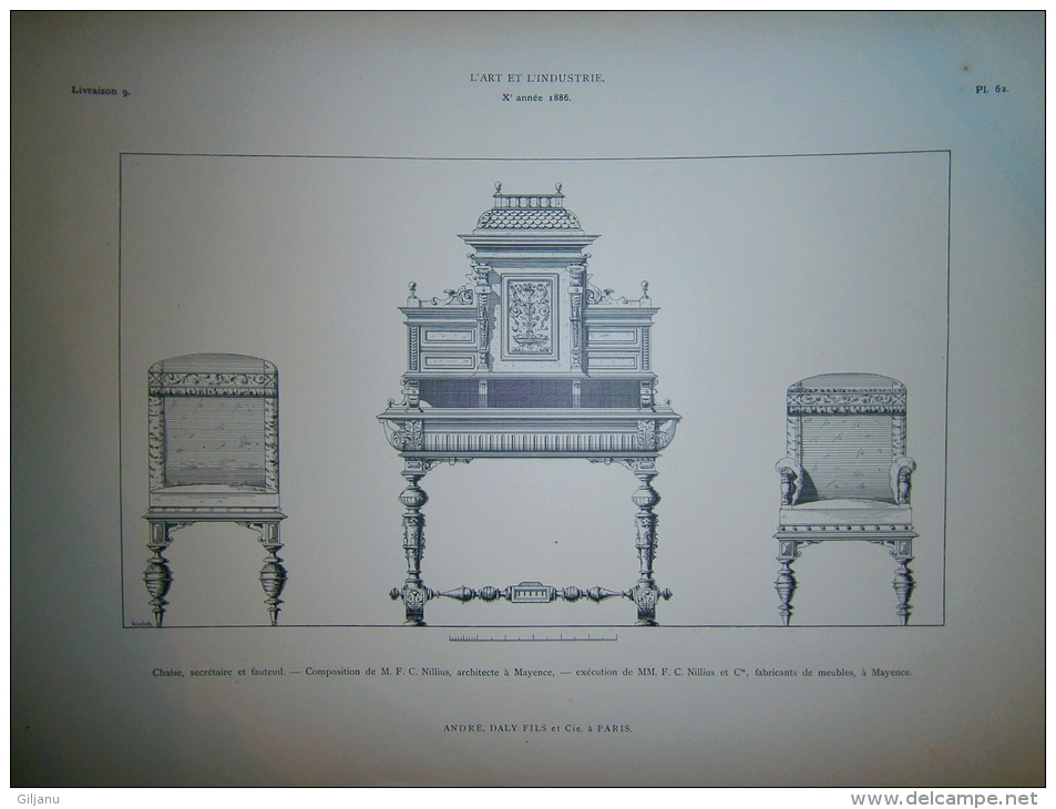 PLANCHE L ART ET L INDUSTRIE  CHAISE  SECRETAIRE ET FAUTEUIL   ANNEE 1886 - Autres Plans