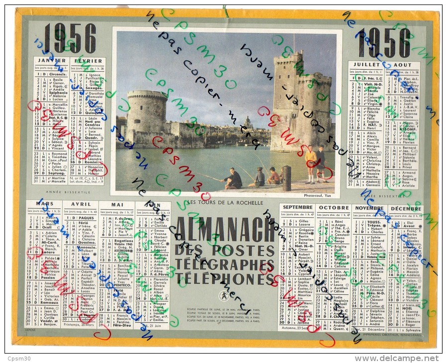 CALENDRIER GF 1956 - Les Enfants à La Pèche Près Des Tours De La Rochelle - Imp Oberthur (Tunisie) - Grand Format : 1941-60