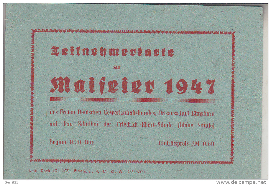 2200 ELMSHORN, Teilnehmerausweis Maifeier 1947 - Elmshorn