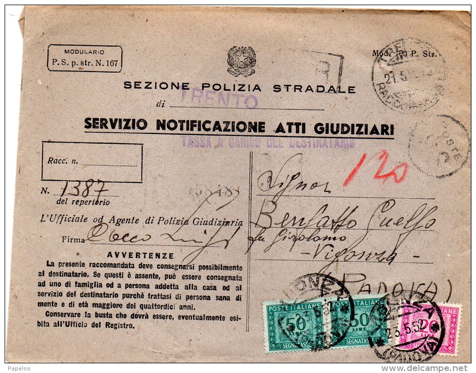 1952 LETTERA  CON ANNULLO TRENTO - Impuestos