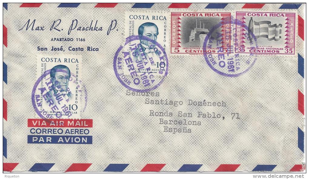 COSTA RICA - 1961 -  LETTRE PAR AVION DE SAN JOSE A DESTINATION DE BARCELONNE - - Costa Rica