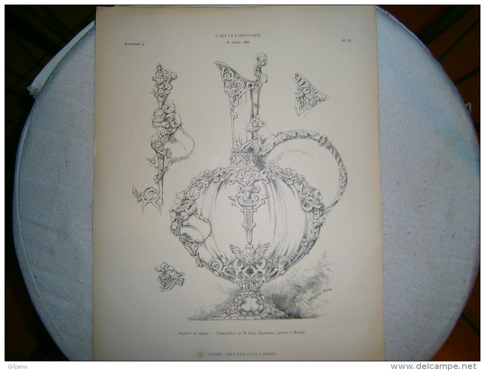 PLANCHE L ART ET L INDUSTRIE  AIGUIERE EN ARGENT   ANNEE 1886 - Autres Plans