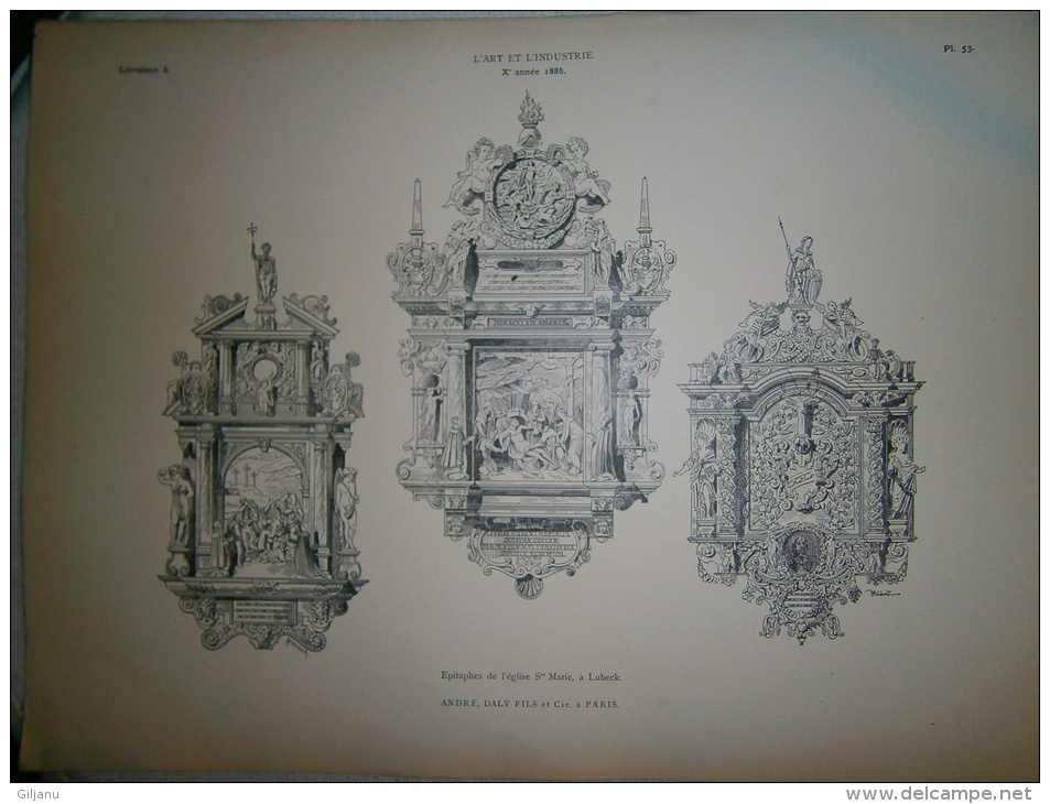 PLANCHE L ART ET L INDUSTRIE  EPITAPHES DE L EGLISE STE MARIE A LUBECK ANNEE 1886 - Andere Pläne