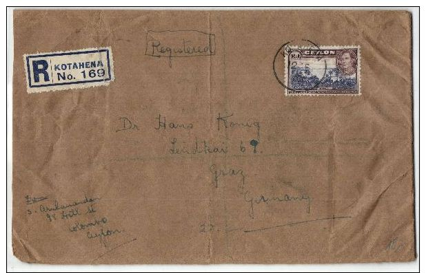 Einschreiben Aus Kotahena 1938 - Sri Lanka (Ceylon) (1948-...)