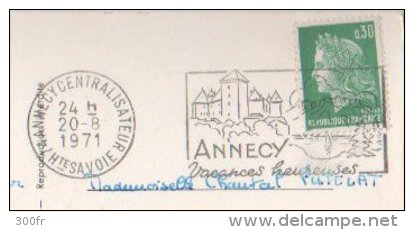 France CPLac D´Annecy (Haute Savoie 74) L´Ile Des Cygnes Et A Tournette Obliteration Flier Marianne De Cheffer 0.3c 1971 - Annecy