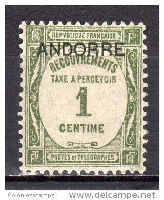 (SA0300) FRENCH ANDORRA, 1932 (Postage Due Stamp, 1c, Olive Green) Mi # P9. Mint Hinged* Stamp - Nuevos