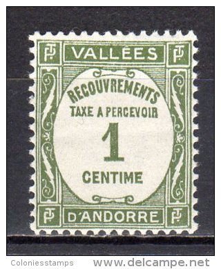 (SA0474) FRENCH ANDORRA, 1935 (Postage Due Stamp, 1c, Olive Green) Mi # P16. Mint Hinged* Stamp - Nuevos