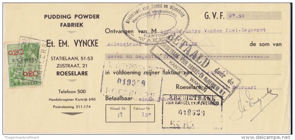 Belgien Belgium Quittung M Steuermarke Fiscal Revenue Roeselare Pudding Fabrik 1939 - Briefe U. Dokumente