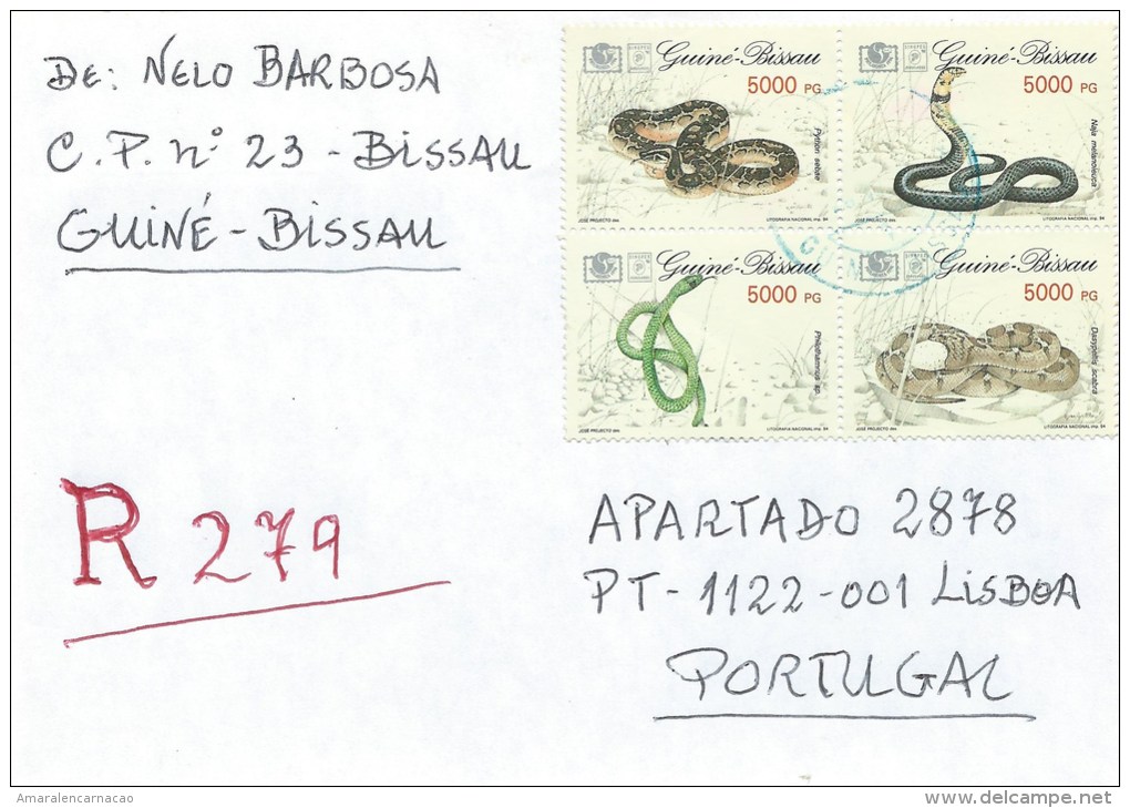 STAMPS - REGISTERED LETTER - COVER GUINÉE-BISSAU TO PORTUGAL - PHILAKOREA 1994 - REPTILES - SNAKES - RARE - Snakes