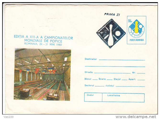 BOWLING WORLD CHAMPIONSHIP, COVER STATIONERY, ENTIER POSTAL, 1980, ROMANIA - Pétanque