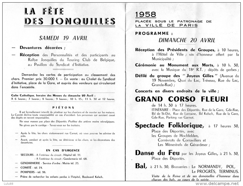 88 GERARDMER Programme De La Fête Des Jonquilles De 1958    D920/931/933/942 - Programmes