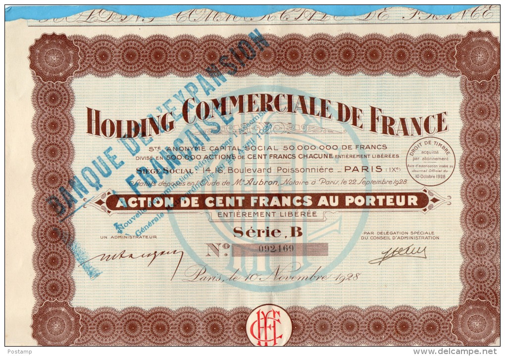 Action-HOLDING COMMERCIALE DE FRANCE--100frs-  1928 - Banque & Assurance