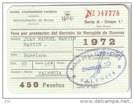 Tasa Prestacion Servicio Recogida De Basuras, Ayuntamiento Valencia, Espana; Taxe Ordures Ménagères, 1972 - Spain