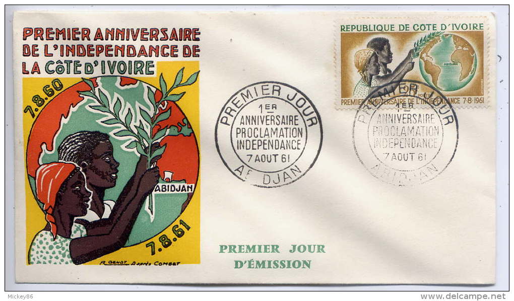 COTE D'IVOIRE--1961--FDC  1er Jour--1er Anniversaire Proclamation Indépendance--dessin Signé  GENOT -Combar - Côte D'Ivoire (1960-...)