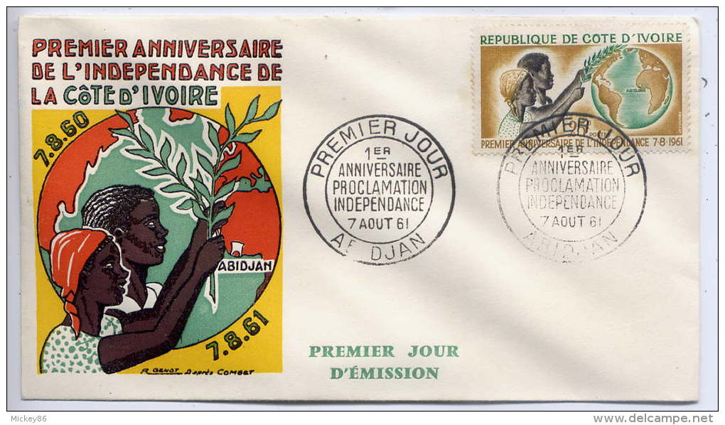 COTE D'IVOIRE--1961--FDC  1er Jour--1er Anniversaire Proclamation Indépendance--dessin Signé  GENOT -Combar - Costa D'Avorio (1960-...)