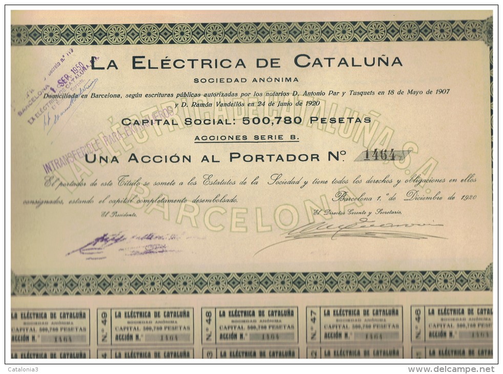 ACCION ANTIGUA - ACTION ANTIQUE = La Electrica De Cataluña 1920 - Otros & Sin Clasificación