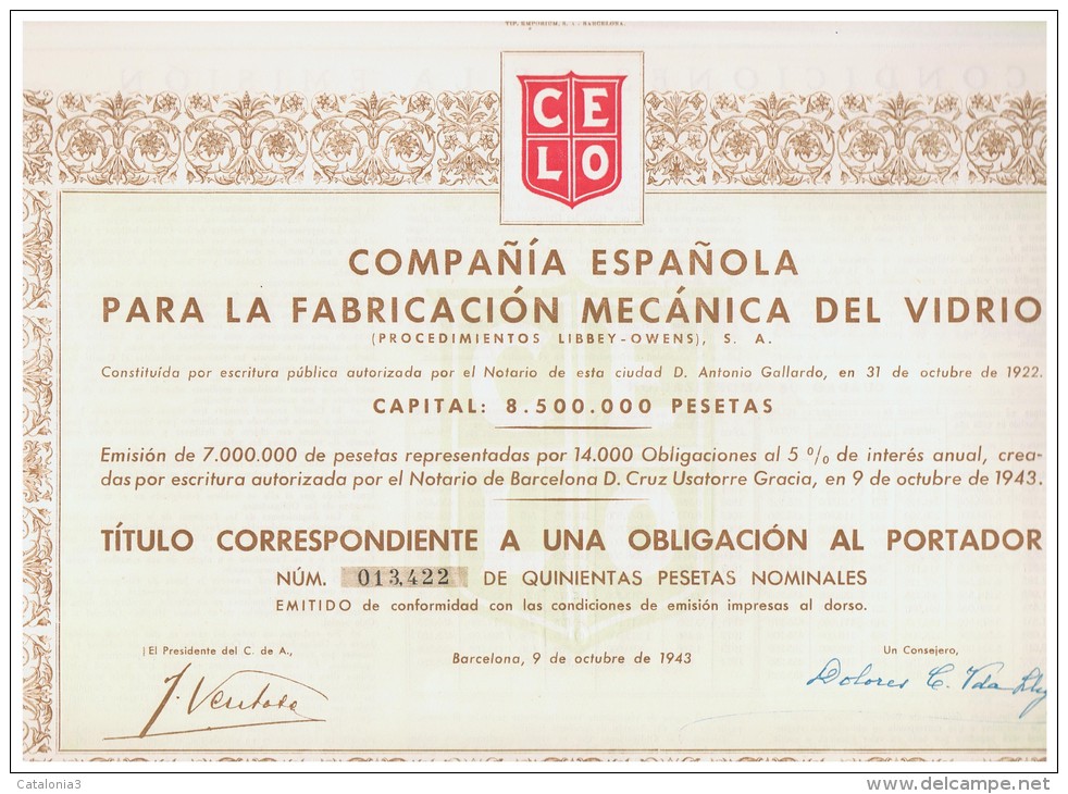 ACCION ANTIGUA - ACTION ANTIQUE = Compañia Española Para La Fabricacion Del Vidrio 1943 - Otros & Sin Clasificación