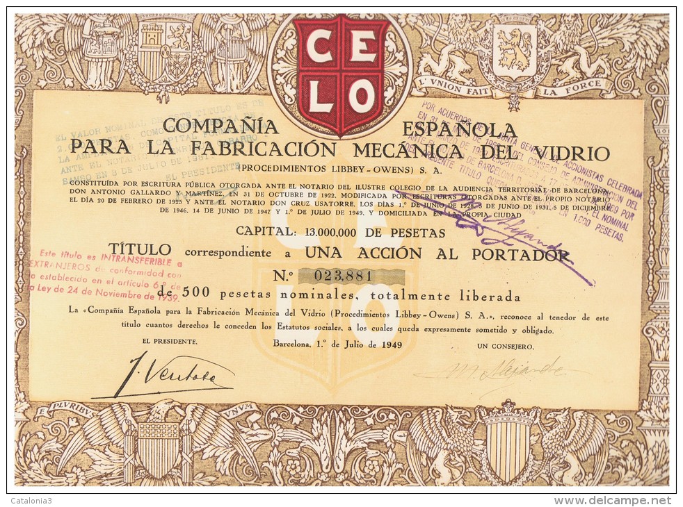 ACCION ANTIGUA - ACTION ANTIQUE = Compañia Española Para La Fabricacion Del Vidrio 1949 - Otros & Sin Clasificación