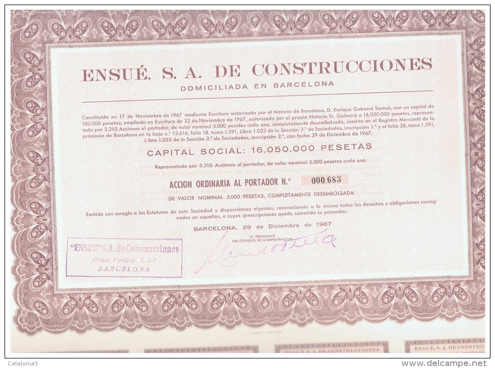 ACCION ANTIGUA - ACTION ANTIQUE = Ensué. SA  De Construcciones 1967 - Otros & Sin Clasificación