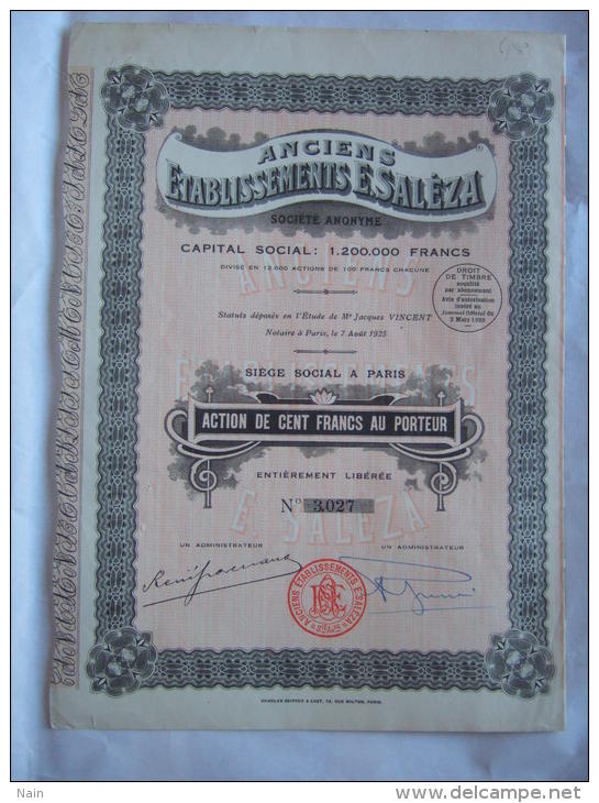 ANCIENS ETABLISSEMENTS E . SALEZA - ACTION DE 100 FRANCS AU PORTEUR - 12000 ACTIONS - - Autres & Non Classés