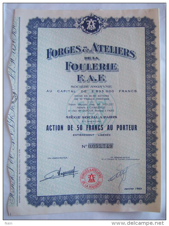 FORGES & ATELIERS DE LA FOULERIE - F. A .  F - ACTION DE 50 FRANCS AU PORTEUR - - Chemin De Fer & Tramway