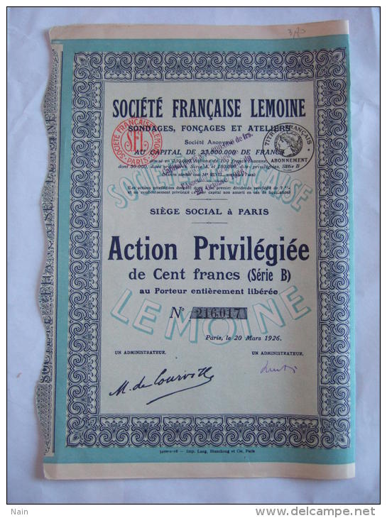 SOCIETE FRANÇAISE LEMOINE - ( SONDAGES , FONÇAGES ET ATELIERS ) - ACTION PRIVILÉGIÉE DE 100 FRANCS( Série B ) - Chemin De Fer & Tramway