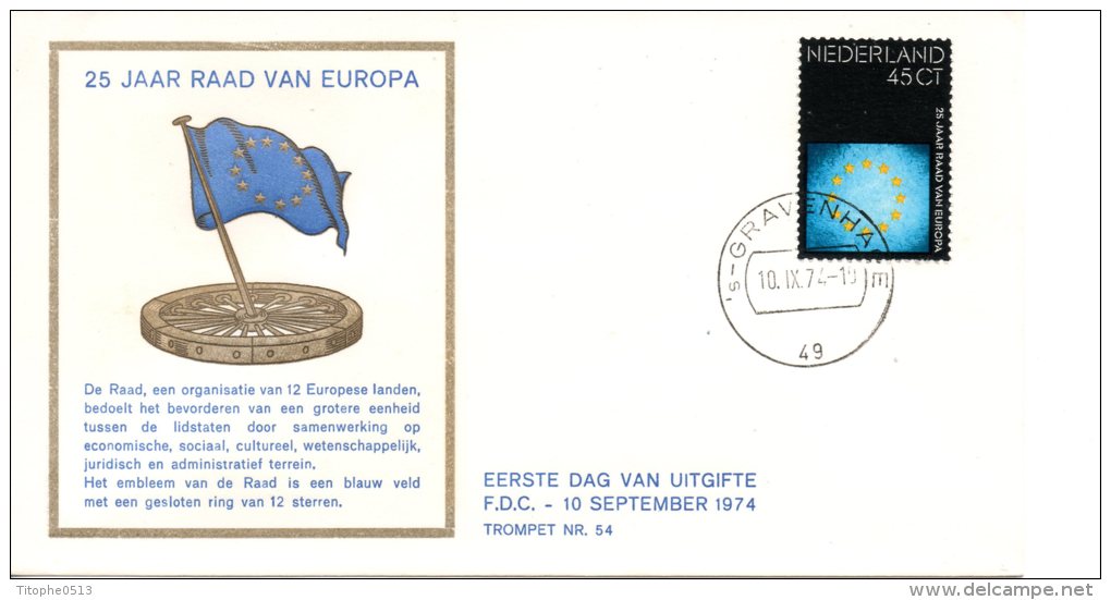 PAYS-BAS. N°1007 Sur Enveloppe 1er Jour (FDC) De 1974. Conseil De L'Europe. - European Community