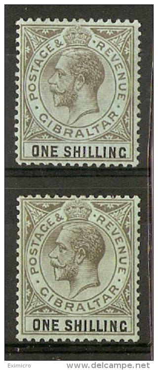 GIBRALTAR 1912-24  1s BLACK/GREEN AND 1s ON EMERALD BACK  SG 81/81d WATERMARK MULTIPLE CROWN CA  MOUNTED MINT Cat £42.00 - Gibilterra