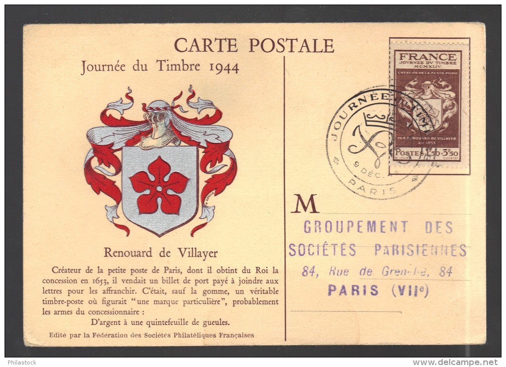 FRANCE Journée Du Timbre 1944 Obl. S/CP. FDC - ....-1949