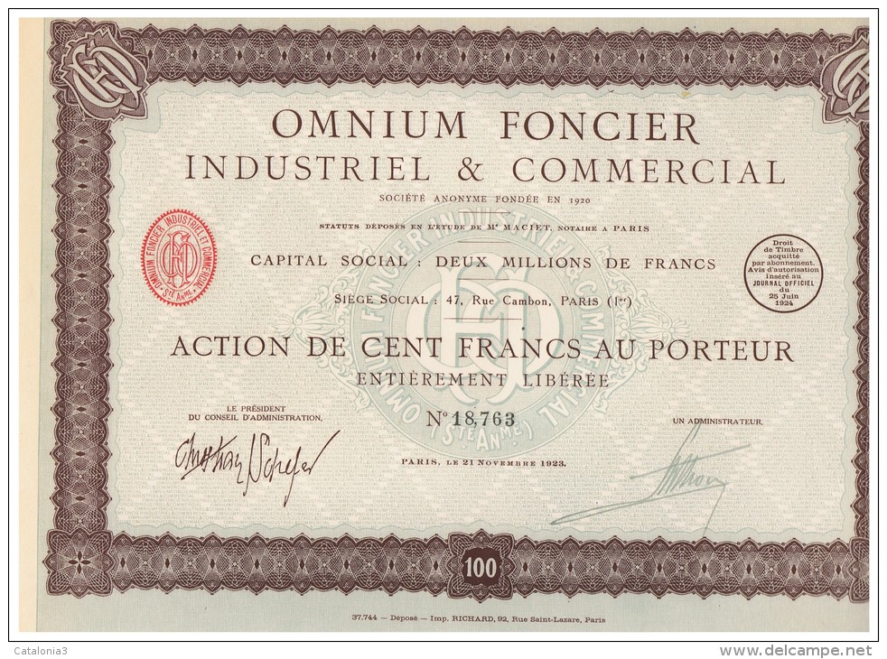 ACCION ANTIGUA - ACTION ANTIQUE = OMNIUM FONCIER - Paris 1923 - Otros & Sin Clasificación